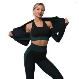 Active Sets 3PCS Seamless Women Yoga Set Workout Sportswear Gym Clothes Fitness Long Sleeve Crop Top High Waist Leggings Sports Suit