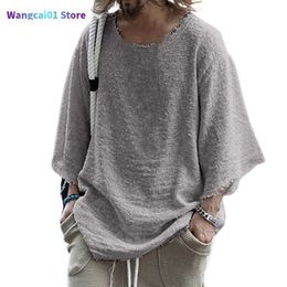 Men's T-Shirts Summer Men T-shirt Trendy Cotton Bnd Solid Colour Loose Streetwear Long Seve Round Neck Burrs Edge Top Ma Clothes Plus Size 0228H23