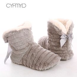 Slippers Women's Shoes Fur Slippers for Home 2022 Butterflyknot Furry House Shoes Bedroom Slippers Girls Warm Soft Indoor Boots Slippers Z0215