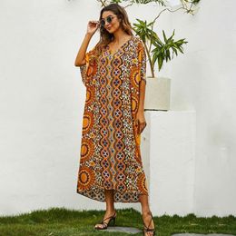 Ethnic Clothing Abaya Dubai Muslim Dress Women 2023 Summer V Neck Short Sleeve Retro Printing Vintage Loose Plus Size Islamic