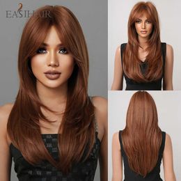 Synthetic Wigs Easihair Red Brown Synthetic Wigs Long Straight Layered Natural Wig with Bangs for Women Wavy Heat Resistant Cosplay Hair 230227