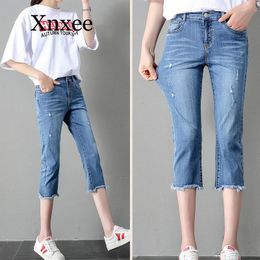 Women's Jeans Women Pencil Pants Fashion Solid Button Trousers Plus Size Zipper Casual Cropped Sky Blue