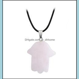 Pendant Necklaces Rose Quartz Cute Healing Crystal Hand Necklace For Women Men Evil Eye Hamsa Fatima Chain Hip Hop Jewelry Drop Deli Dhx5G