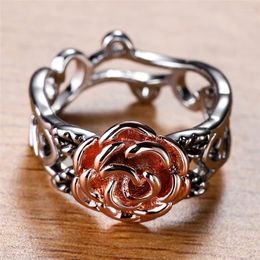 Wedding Rings Female Boho Silver Color Ring Antique Rose Gold Flower Vintage Fashion Hollow For Women Jewelry Promise Bands
