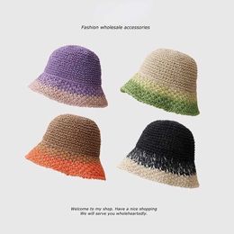 Wide Brim Hats New Paper Straw Bucket Hat Ladies Crochet Breathable Panama Edge Stitch Design Bob Fishing Caps Girls Summer UV Beach Hat G230227