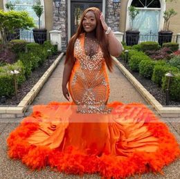 Orange Velvet Prom Dresses 2023 For Black Girl Mermaid Evening Gown Luxury Feathers Celebrity For Birthday Party Formal Gowns E0228