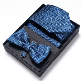 Neck Ties Ties Set For Men Fashion Blue Stripe Printed Cufflinks Kerchief Daily Office Party Blouse Necktie Bowtie Gifxt Box J230227
