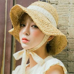 Wide Brim Hats Parents-Child Summer For Women Straw Sun Hats Lady Girls Sweet Lace Ribbon Bow Panma Beach Cap Floppy Travel Folding Chapeu G230227