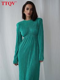Casual Dresses TTQV Winter ONeck Green WomenS Dress Elegant Long Sleeve Bodycon Midi Dresses Female Casual Pleated Dress For Year 230227