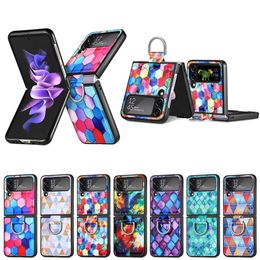 Shockproof Phone Cases for Samsung Galaxy Z Flip 4/3 3D Colourful Painting PU Leather Slim and Fit Protective Case with Finger Ring