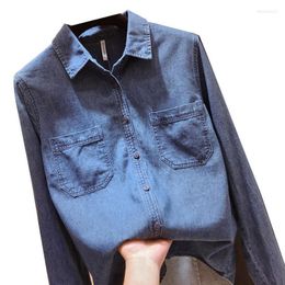 Women's Blouses Spring Autumn Fashion Woman Long Sleeved Loose Double Pocket Vintage Blue Casual Cotton Denim Shirt Female 2023 Clothes