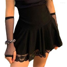 Skirts Xingqing Black Goth Y2K Pleated Skirt Woman Punk Style Dark Academia Aesthetic Vintage Mini Lace Edge High Waist Saias