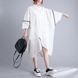 Women Dresses Spring Autumn Fashion White Print Asymmetrical Midi Dress Lady Casual Cute Long Shirt Dresses Half Sleeve Big Size Vestidos Loose single breasted Tops