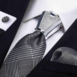 Neck Ties Luxury Silver Black Houndstooth Silk Ties For Men With Silver Tie Buckle Hoop Designer Men's Hood Tie Set Pocket Square Men Gift J230227