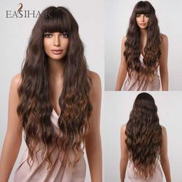 Synthetic Wigs Easihair Long Brown to Blonde Ombre Synthetic Wigs Deep Wave Cosplay Natural Hair with Bangs for Women Heat Resistant 230227