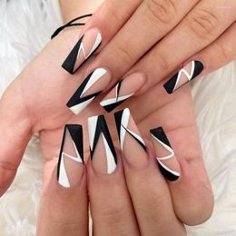 False Nails 24Pcs/Box French Black White Coffin Nail Tips Press On Ballerina Geometry Fake With Design Manicure Patches