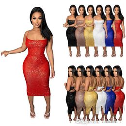 Summer Lace Up Long Sequin Dress Womens Sling Sexy Nightclub Backless Dresses