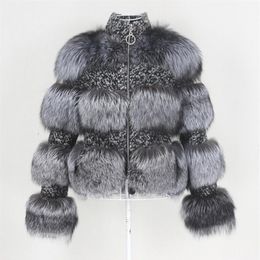 Offtbuy 2020 Real Silver Fox Fur Coat Jaqueta de inverno Women Women Natural Raccoon Teave Weave Stand Collar Cola Plaid Armwearwear2454
