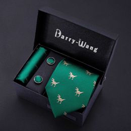 Neck Ties Dinosaur Men Ties Green Gold Silk Men Wedding Necktie Handkerchief Gift Box Set Male Ties For Men Gift BarryWang Gravat BB5192 J230227