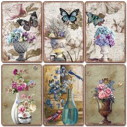 Vintage Colourful Flowers art painting Poster Metal Signs Sunflower Daisy Butterfly Metal Tin Plate for Living Room Home Wall Art Personalised Decor Size 30X20cm w02