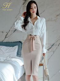 Two Piece Dress H Han Queen Women Spring OL Work Wear 2 Pieces Set White Blouses LaceUp Sheath Pencil Bodycon Skirt Chic Female Clothing 230227