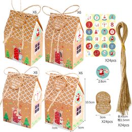 Gift Wrap 24Pcs Christmas Candy Bags House Shape Box Cookie Bag Packaging Boxes With Ropes Xmas Decorations Year 230227