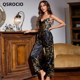 Womens Sleepwear QSROCIO High Quality Womens Pyjamas Set Silk Like Homewear Floral Print Simple Nightgown Elegant Home Clothes 230228