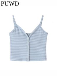 Women s Blouses Shirts PUWD Women Wathet Stripe Cardigan Suspender Summer Fashion Ladies Sweet And Spicy Girls Knitted Slim Retro Top 230228