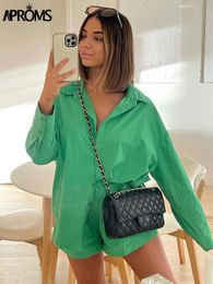 Womens Two Piece Pants Aproms Elegant Solid Cotton Blend Two Piece Tops and Shorts Sets Women Summer Green Oversized Long Shirts High Waist Suits 230228