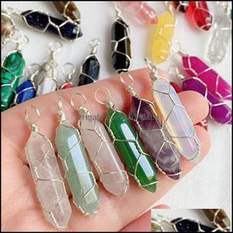 Pendant Necklaces Natural Stone Crystal Gold Sier Wire Wrap Pendum Reiki Healing Chakra Mticolor Quartz Purple Amethysts Point Hexag Dhg7S