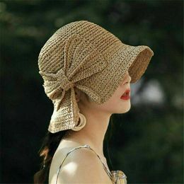 Wide Brim Hats Ladies Straw Hat Female Bowknot Crochet Summer Basin Hat Foldable Beach Sun Hat Wide Brim Kids Princess Travel Sunshade Hat G230227