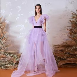 Party Dresses Light Purple Elegant Prom V-Neck Long Simple Ruffles Tulle A-line Plus Size Women Evening Night Gowns Custom Made