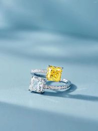 Cluster Rings Fashion Women Yellow Gemstone Open Ring S925 Sterling Silver Double Square Zircon Wedding Engagement Adjustable Jewellery