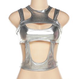 Metallic Crop Top for Women's Tank Shiny Sleeveless Cut Out Party Clubwear Holographic Camis Silver S M L