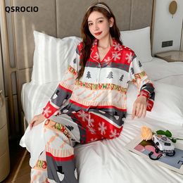 Womens Sleepwear QSROCIO High Quality Womens Pyjamas Set Christmas Print Homewear Silk like Sleepwear Casual Home Clothes Luxury Nightwear Femme 230227