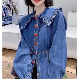 Womens Jackets Retro Sweet Doll Collar Denim Shirt Female Love Button Design Sense of Small Waist Show Thin Short Spring Style