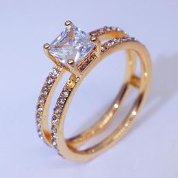 Cluster Rings 14k Gold Double-decker Diamond Box White Topaz Rincess Anillos Bague Diamante Bizuteria For Women Ring