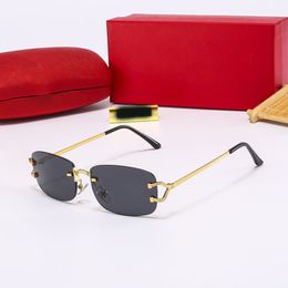 Fashion Men Womens Rimless Optical Frameless Rectangle Sunglasses Classic Luxury Designers Gold Metal Wooden Legs Unisex Car Cycling Travel Eyewear With box C1