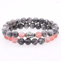 Strand Grey Map Stone With Strawberry Crystal Energy Beads Colour Buddha Bracelets For Women's Party Gift Jewellery