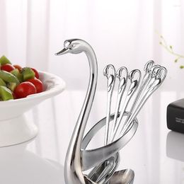 Flatware Sets Stainless Steel Fruit Fork & Spoon Swan Base Coffee Teaspoon Cutlery Set With 3pcs