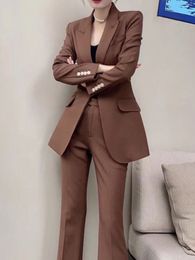 Womens Suits Blazers Korean Fashion Vintage Women Blazer Pantsuit Office Formal Button Suit Jackets Straight Trousers Outfits Female 2 Pieces Set 230227