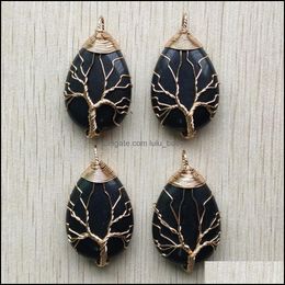 Charms Gold Colour Wire Wrap Handmade Tree Of Life Drop Shape Natural Obsidian Stone Pendants Diy Necklace Jewellery Making Delivery Fi Dh1Cr