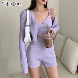 Womens Two Piece Pants 3 Piece Set Women Knitted Outfits Long Sleeve CardiganV Neck Corset Top High Waist Shorts Sexy Purple Casual Home Clothes 230228