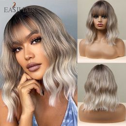 Synthetic Wigs Easihair Grey Ombre Wigs with Bangs Synthetic Short Bob Light Brown Wavy Wig Glueless Natural Wave Heat Resistant 230227