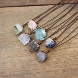 Healing Reiki Raw Stone Mineral Pendants Necklace Natural Crystal Fluorite Rose Quartzs Agates Brown Adjustable Rope Jewellery