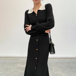 Casual Dresses Winter Chic High Waist Korean Style Long Sleeve Black Maxi For Women Quality Knitted Elegant Ladies Aesthetic 2023