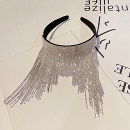 Festive Rhinestone Widen Long Tassel Hairband Headwear Long Hair Chain Design Full Diamond Hairband Accessories Party Chain Fairy Girl