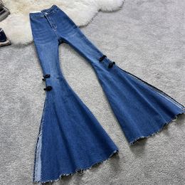 Women's Jeans Women's Summer Trousers Fashion Crochet Split Bell Bottom Elasticity Vintage High Waist Flare Leggings Pants Skinny Korean