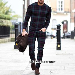 Men's Tracksuits Fall men's European and American tracksuit suit 3d plaid printed casual long-sleeved T-shirt suit jogging pants Z0224