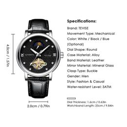 2021 TEVISE Mens Watches Moon phase Tourbillon Watch Casual Leather Sport Wristwatch Male Clock Relogio Masculino200F